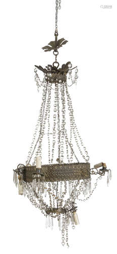 BELL CHANDELIER, EMPIRE PERIOD with crown in gilded and embossed metal with six arms, with rows of