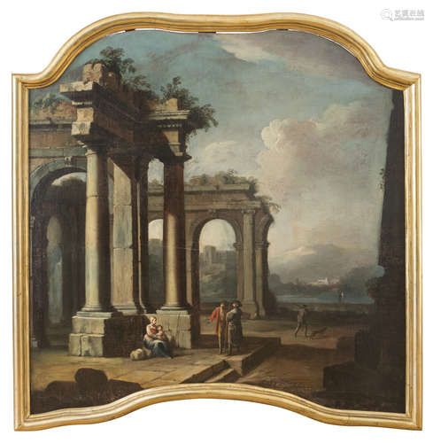 ALBERTO CARLIERI, att. to (Rome 1672 - post 1720) Landscape with ruins and figures Oil on molded