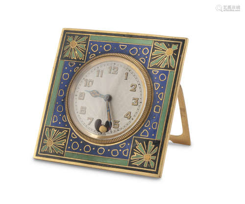 SMALL ALARM CLOCK IN METAL AND ENAMELS, PROBABLY RUSSIA, EARLY 20TH CENTURY white enamel dial and