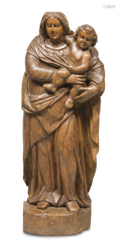 SCULPTURE OF THE VIRGIN WITH CHILD, UPPER VENETO 17TH CENTURY in light brown lacquered wood. Plain