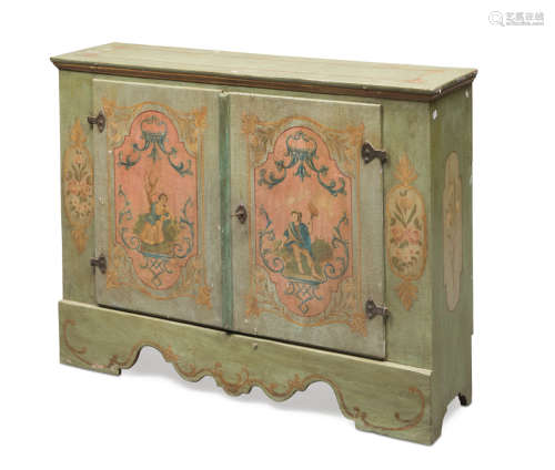 SMALL SIDEBOARD IN LACQUERED WOOD, SICILY, ANTIQUE ELEMENTS green ground and two doors painted