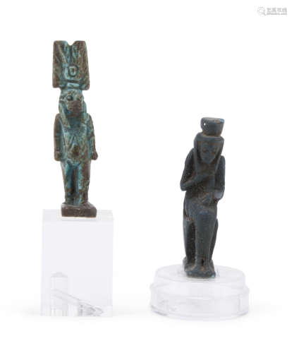 A PAIR OF EGYPTIAN FAIANCE AMULETS, EGYPT LATE DYNASTIC PERIOD, 664/32 B.C. Isis sitting in armchair