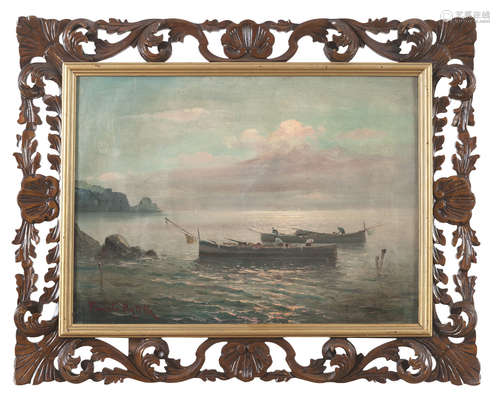 NEAPOLITAIN PAINTER, LATE 19TH CENTURY FISHING AT SUNSET Oil on canvas, cm. 49 x 69 Signature bottom