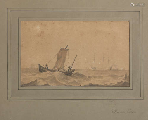 WILLEM VAN DE VELDE, follower of (Leida 1633 - London 1707) Storm with fishermen Prepared sepia on