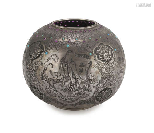 SILVER VASE, PERSIA 19TH CENTURY body engraved with bucolic scenes with young girl in various poses.