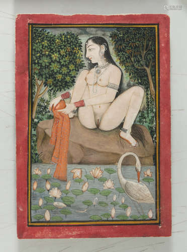 INDO-PERSIAN SCHOOL, 19TH CENTURY FEMALE NUDE WITH SWAN AND LOTUS IN THE POND