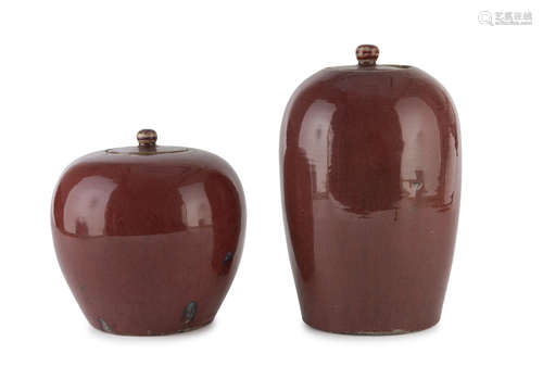 TWO PORCELAIN POTICHES IN RITUAL RED GLAZE, CHINA FIRST HALF OF THE 20TH CENTURY with globular and