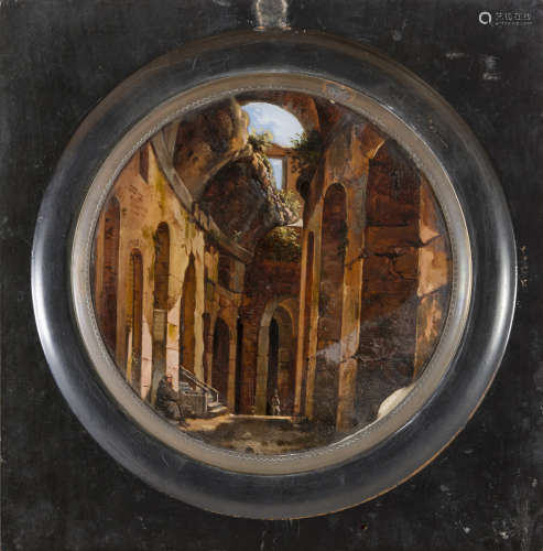 NEAPOLITAN PAINTER, 19TH CENTURY Ground floor of the Roman Colosseum Oil on glass, diameter cm. 14,5