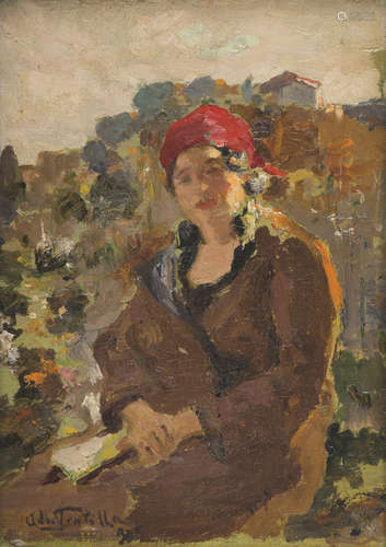 ADA PRATELLA (Naples 1901 - 1929) Woman with red foulard Oil on panel, cm. 22 x 16 Signature