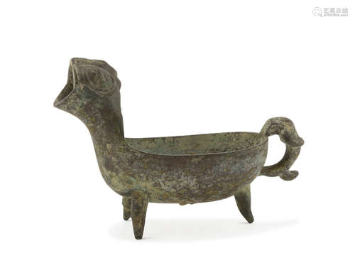 RITUAL BRONZE, CHINA 19TH CENTURY shaped to bowl with zoomorphic jug. Tripod support. Measures cm.