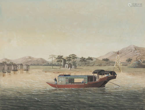 CHINESE SCHOOL, EARLY 20TH CENTURY RIVERSCAPE WITH BOATS Mixed technique on paper, cm. 30 x 40