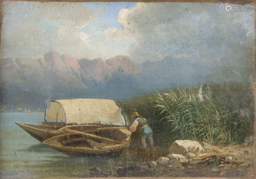 UBERTO DELL'ORTO (Milan 1848 - 1895) Mountain lake view with fisherman Oil on canvas, cm. 23 x 32