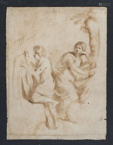 WORKSHOP OF THE GUERCINO, 17TH CENTURY Angelic and Medoro Sepia on paper, cm. 28 x 21 Defects Framed