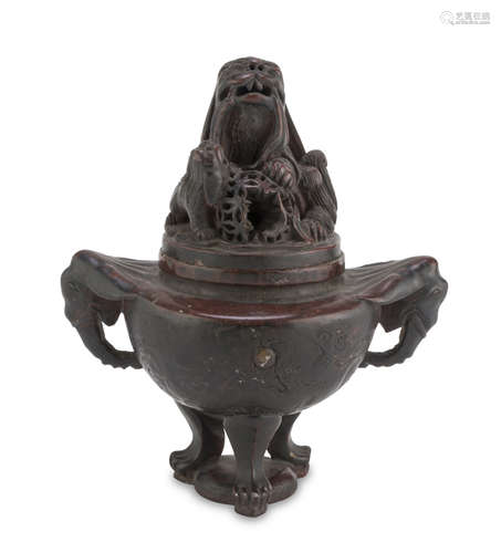 CENSER IN SOAPSTONE, CHINA 20TH CENTURY with boat body, handles to head of elephant and cover