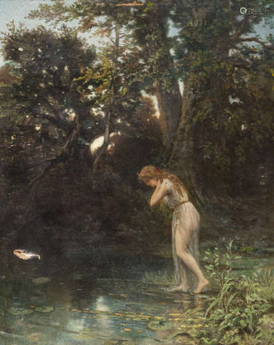 ITALIAN PAINTER, 19TH CENTURY Woman at a little pond in the wood Oil on canvas, cm. 90 x 70