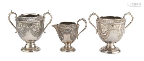 TWO SUCRIERS AND A MILK JUG IN SILVER-PLATED METAL, PUNCH SHEFFIELD 1872/1892 body embossed with