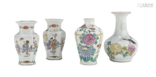 FOUR SMALL PORCELAIN VASES IN POLYCHROME ENAMELS, CHINA 20TH CENTURY decorated with fantasies of