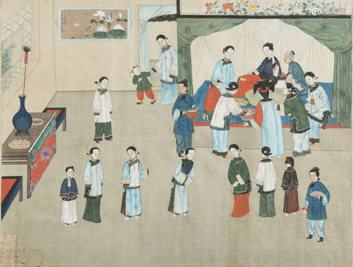 CHINESE SCHOOL, 20TH CENTURY INSIDE OF COURT Mixed technique on silk, cm. 32 x 48 Framed SCUOLA