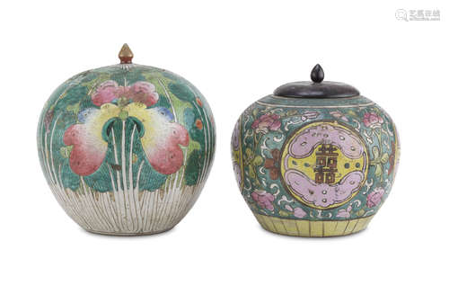 TWO POTICHES IN POLYCHROME ENAMELLED PORCELAIN, CHINA EARLY 20TH CENTURY globular bodies decorated