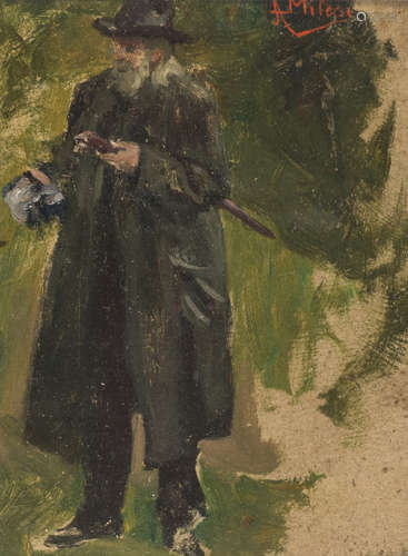 ALESSANDRO MILESI (Venice 1856 - 1945) Man with hat and baton Oil on cardboard, cm. 19 x 13