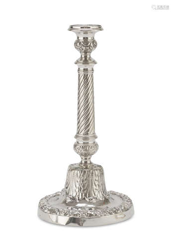 CANDLESTICK IN SILVER, PUNCH NAPLES 1832/1872 shaft twisted and base chiseled to acanthus leaves.