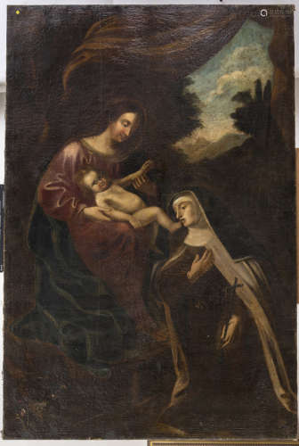 BOLOGNESE PAINTER, 17TH CENTURY The Virgo hands his/her Child to Sant'Eufrasia Oil on canvas, cm.