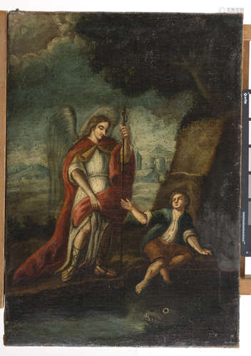 NORTH ITALIAN PAINTER, 18TH CENTURY The angel appears to Tobiolo Oil on canvas, cm. 57,5 x 40