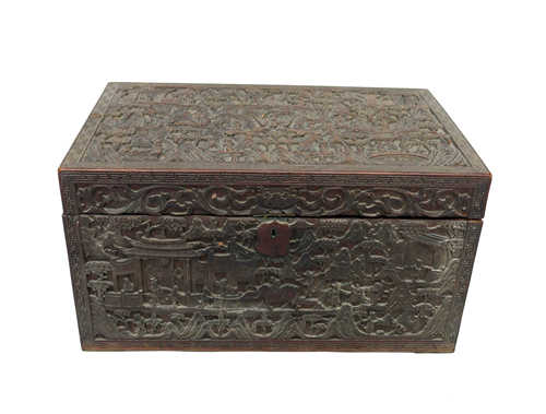 A Chinese carved wood work box, 19th century, profusely carved with figures on bridges,