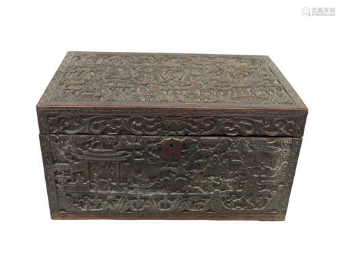 A Chinese carved wood work box, 19th century, profusely carved with figures on bridges,