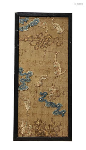 A Chinese silk embroidered panel, circa 1900, with calligraphy, stylised bats,