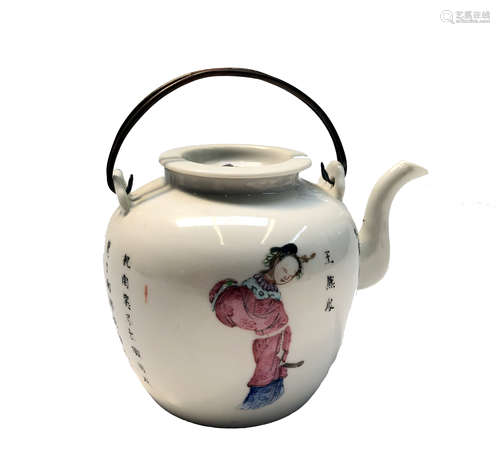 A Chinese famille rose porcelain teapot, early 20th century, with twin metal swing handle,