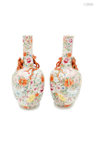 A pair of Chinese millefleurs porcelain bottle vases, 19th century,