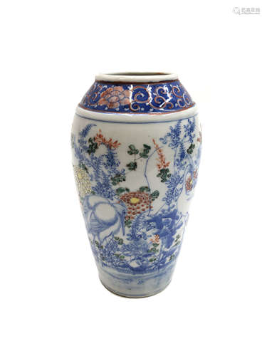 A Japanese porcelain vase, circa 1900, the body with cranes amongst foliage, blue character marks,