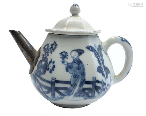 A Chinese porcelain blue and white teapot, late Kangxi period, with silver spout,