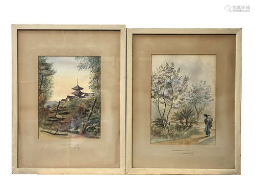 A pair of Japanese watercolours, late 19th century, entitled 'Cherry Blossoms in Yokohama.