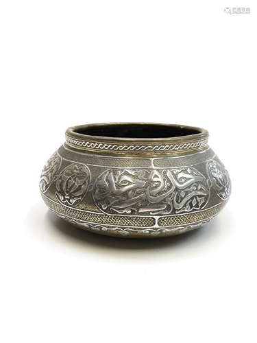 A Mamluk revival brass and silver bowl, 19th century, probably Syrian,