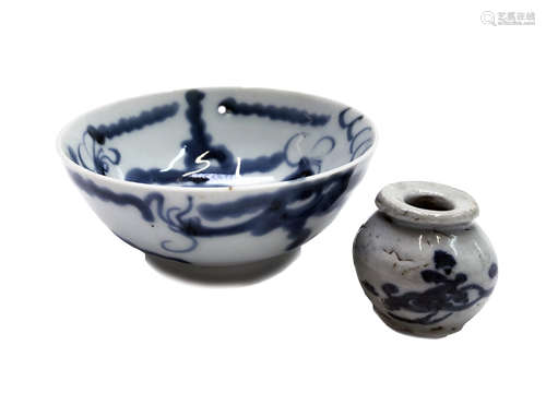 A Chinese provincial blue and white bowl, decorated with stylised dragons, signed, height 5.