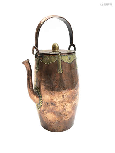 A Tibetan copper and brass water jug, 19th century, the body decorated with a peach tree,