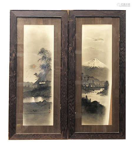 A pair of Japanese watercolour paintings of huts by a riverside, late 19th century,