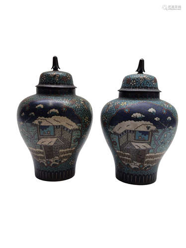 A pair of Japanese cloisonne vases and covers, 19th century, height 17cm.