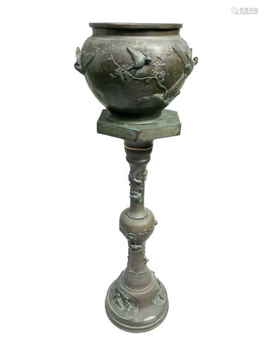 A Japanese bronze jardiniere and pedestal, Meiji period,