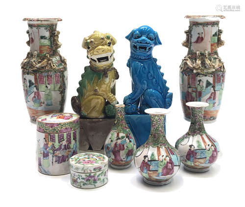 Seven items of Chinese canton porcelain, 19th century, to include a pair of vases, height 21cm,