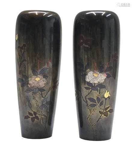 A pair of Japanese inlaid bronze vases, circa 1900-1920,