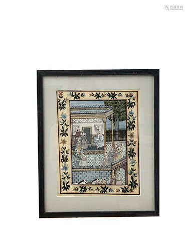 A Persian silk painting of figures in a courtyard, within a stylised plant border, 27.5 x 21.5cm.