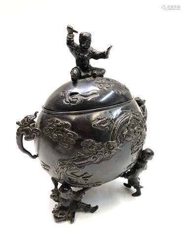 A Chinese bronze incense burner and cover, the three feet and finial modelled as boys,