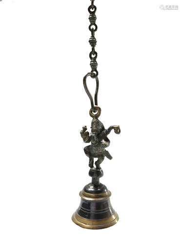 An Indian bronze hanging bell, 19th century, the handle cast in the form of Ganesh,