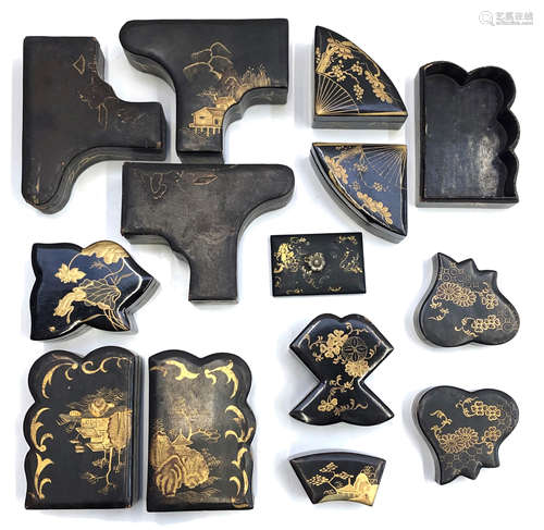 A selection of Japanese black lacquered papier mache boxes, mainly 19th century,