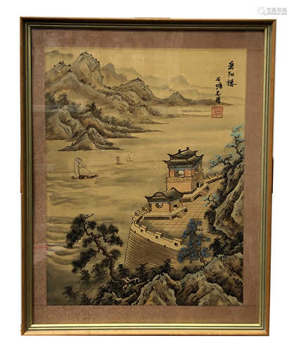 A Chinese painting on silk of a river scene, with pagodas, boats,