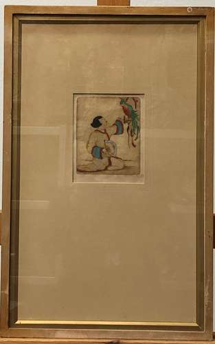 A Japanese painting of a kneeling geisha girl feeding a parrot, indistinctly signed in pencil,