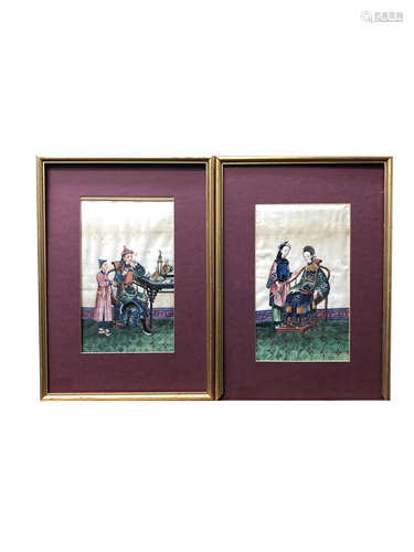 A pair of Chinese pith paintings of dignitaries, 42.5 x 30.5cm including frame.